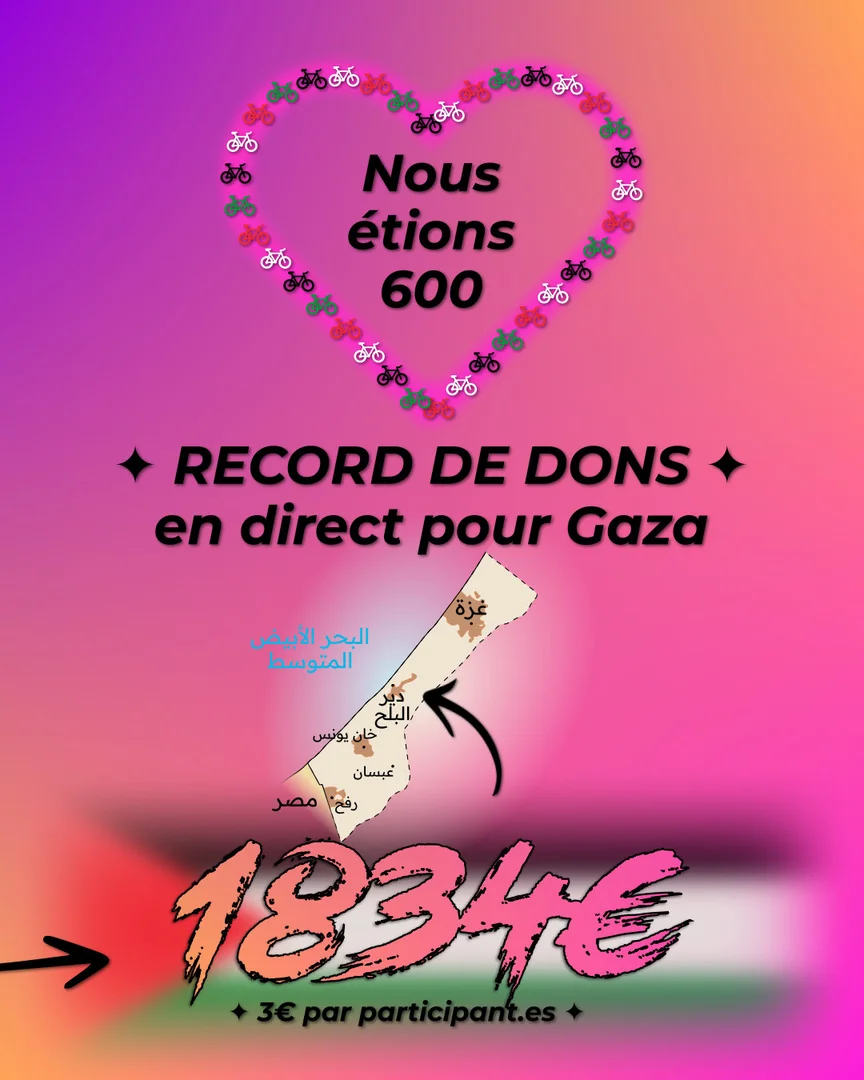 Nous étions 600 participant·es. Record de dons en direct pour Gaza : 1834€ récoltés, soit 3€ par participant·es.